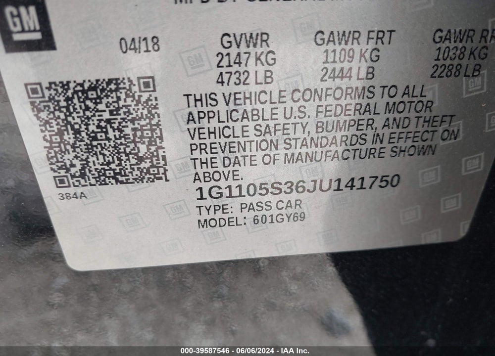 2018 CHEVROLET IMPALA 1LT VIN: 1G1105S36JU141750