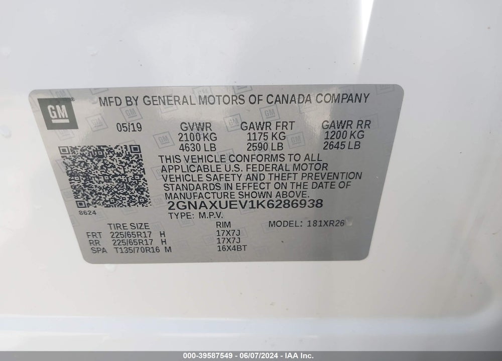 2019 CHEVROLET EQUINOX LT VIN: 2GNAXUEV1K6286938