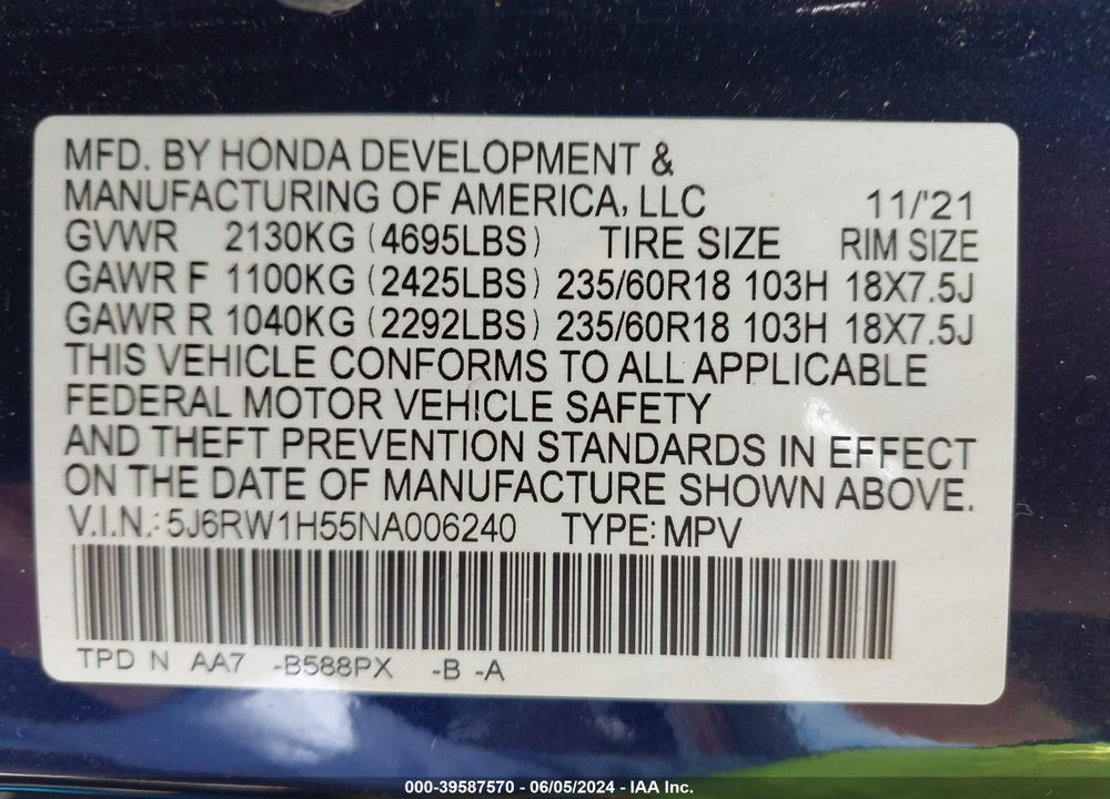 2022 HONDA CR-V 2WD EX VIN: 5J6RW1H55NA006240