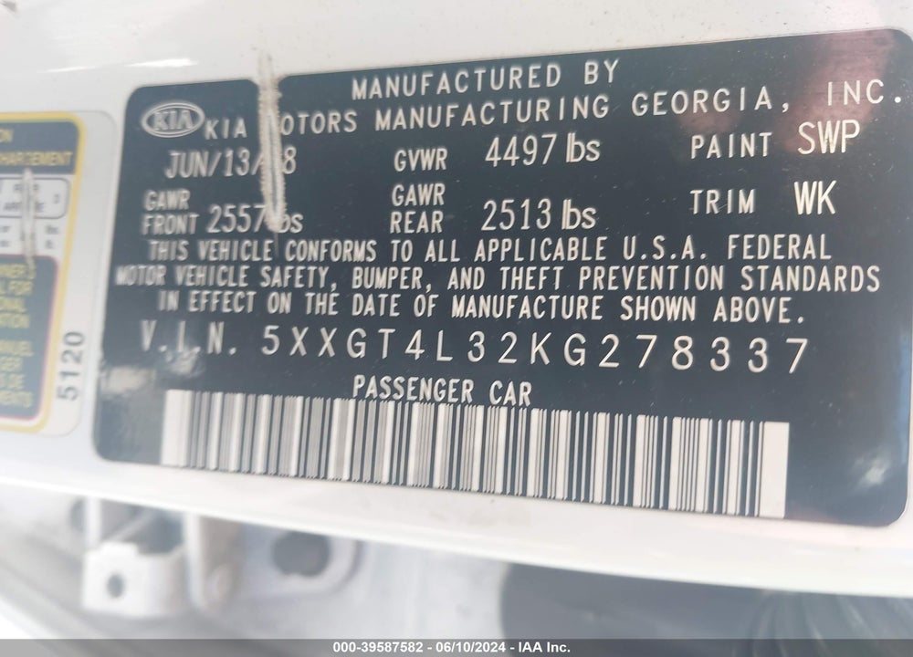2019 KIA OPTIMA LX VIN: 5XXGT4L32KG278337