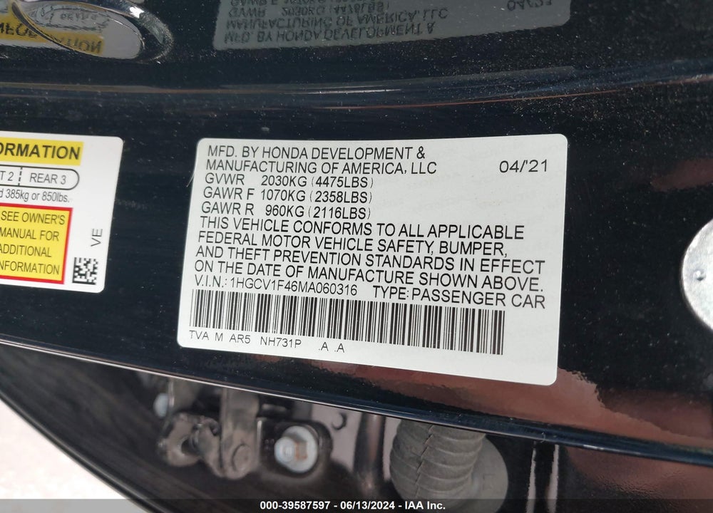 2021 HONDA ACCORD SPORT SPECIAL EDITION VIN: 1HGCV1F46MA060316