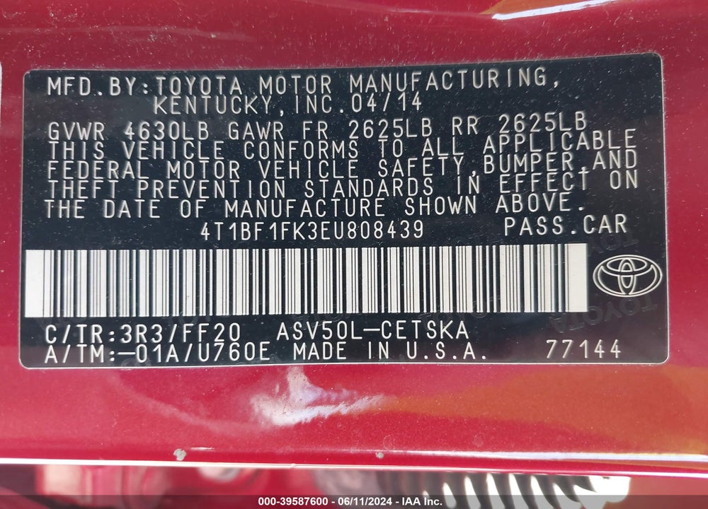 2014 TOYOTA CAMRY SE VIN: 4T1BF1FK3EU808439