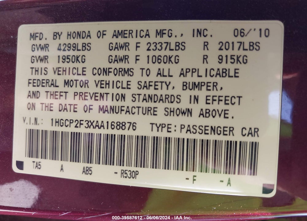 2010 HONDA ACCORD 2.4 LX VIN: 1HGCP2F3XAA168876