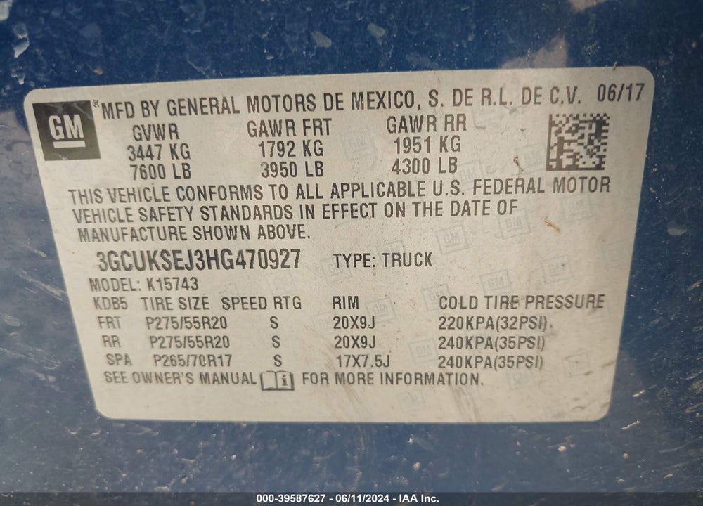 2017 CHEVROLET SILVERADO 1500 1LZ VIN: 3GCUKSEJ3HG470927