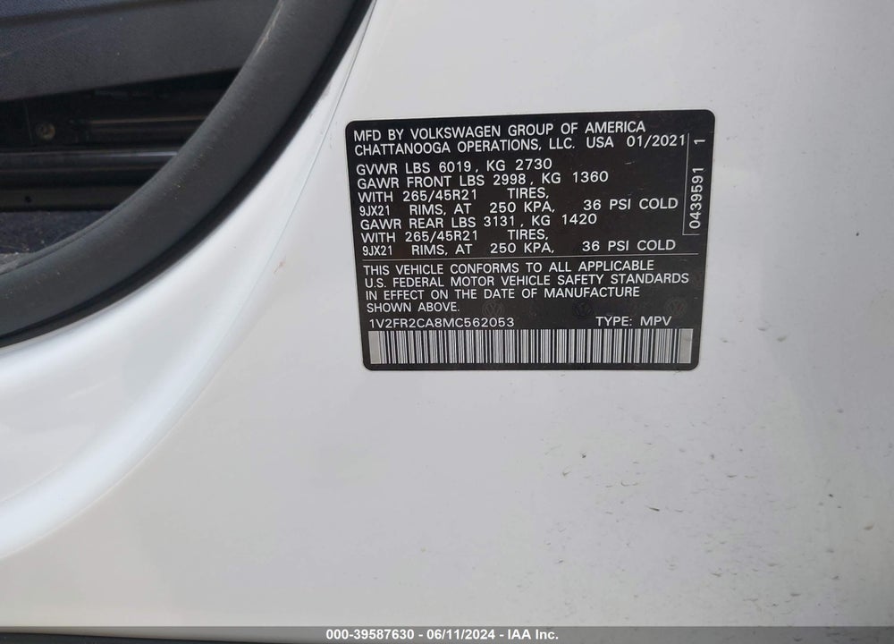 2021 VOLKSWAGEN ATLAS 3.6L V6 SEL PREMIUM R-LINE VIN: 1V2FR2CA8MC562053
