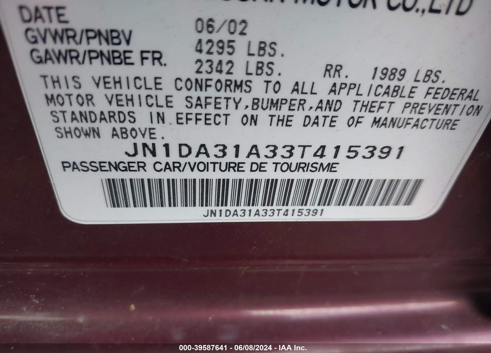 2003 NISSAN MAXIMA GLE VIN: JN1DA31A33T415391