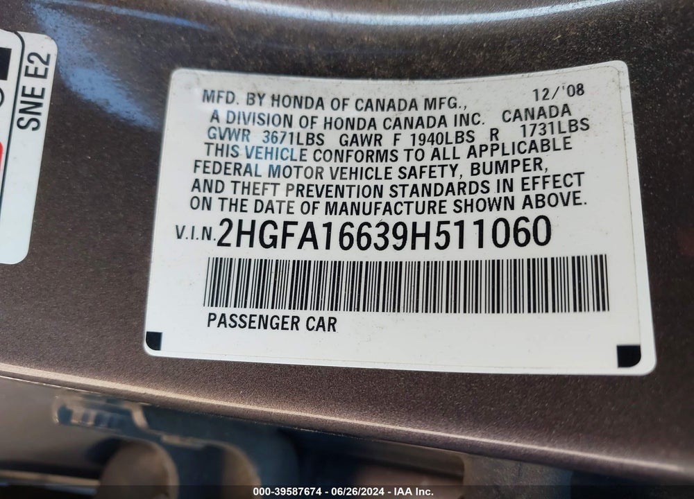 2009 HONDA CIVIC VIN: 2HGFA16639H511060