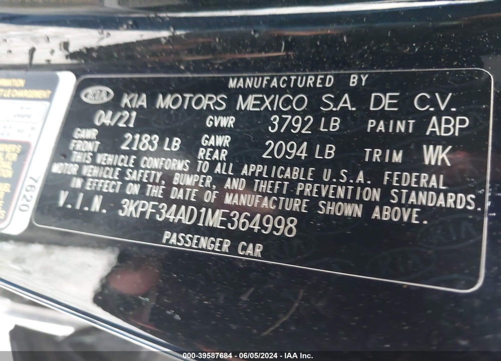 2021 KIA FORTE GT LINE VIN: 3KPF34AD1ME364998