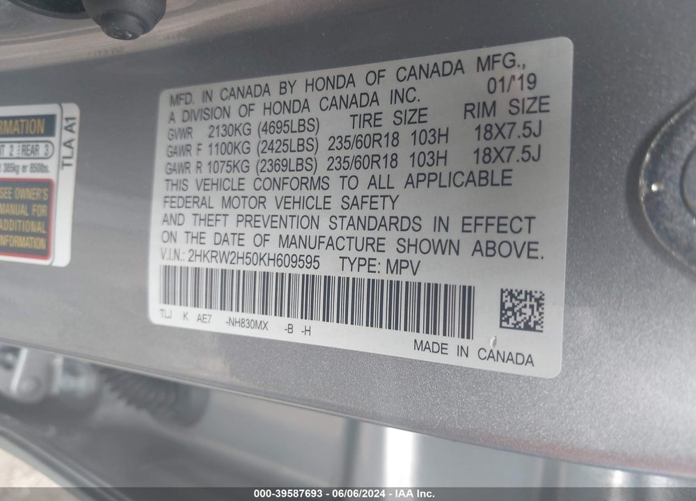 2019 HONDA CR-V EX VIN: 2HKRW2H50KH609595