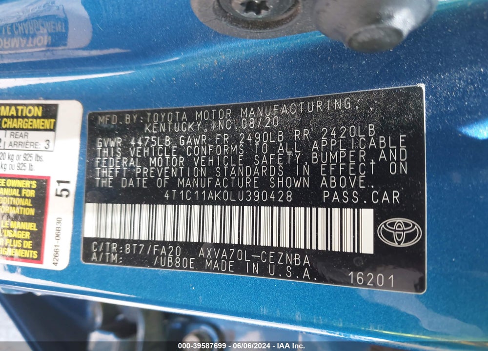 2020 TOYOTA CAMRY LE VIN: 4T1C11AK0LU390428
