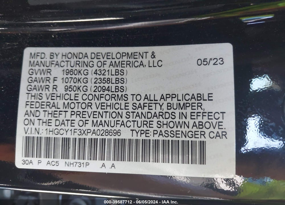 2023 HONDA ACCORD EX VIN: 1HGCY1F3XPA028696