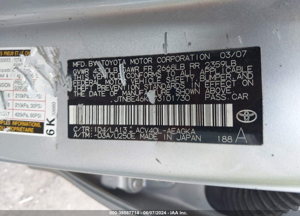 2007 TOYOTA CAMRY XLE VIN: JTNBE46K573101730