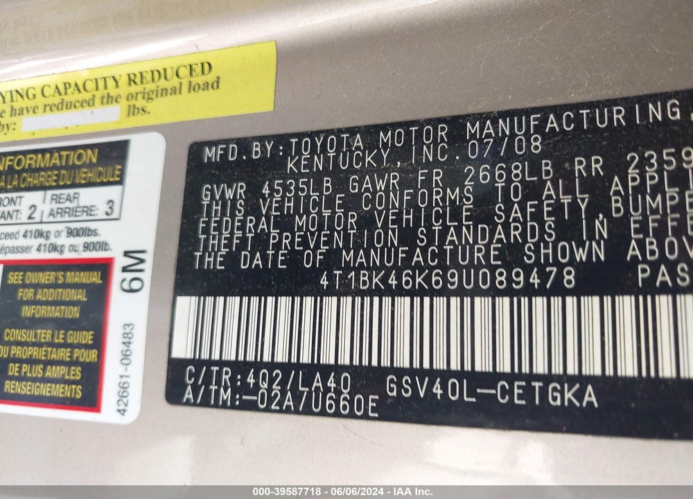 2009 TOYOTA CAMRY XLE V6 VIN: 4T1BK46K69U089478