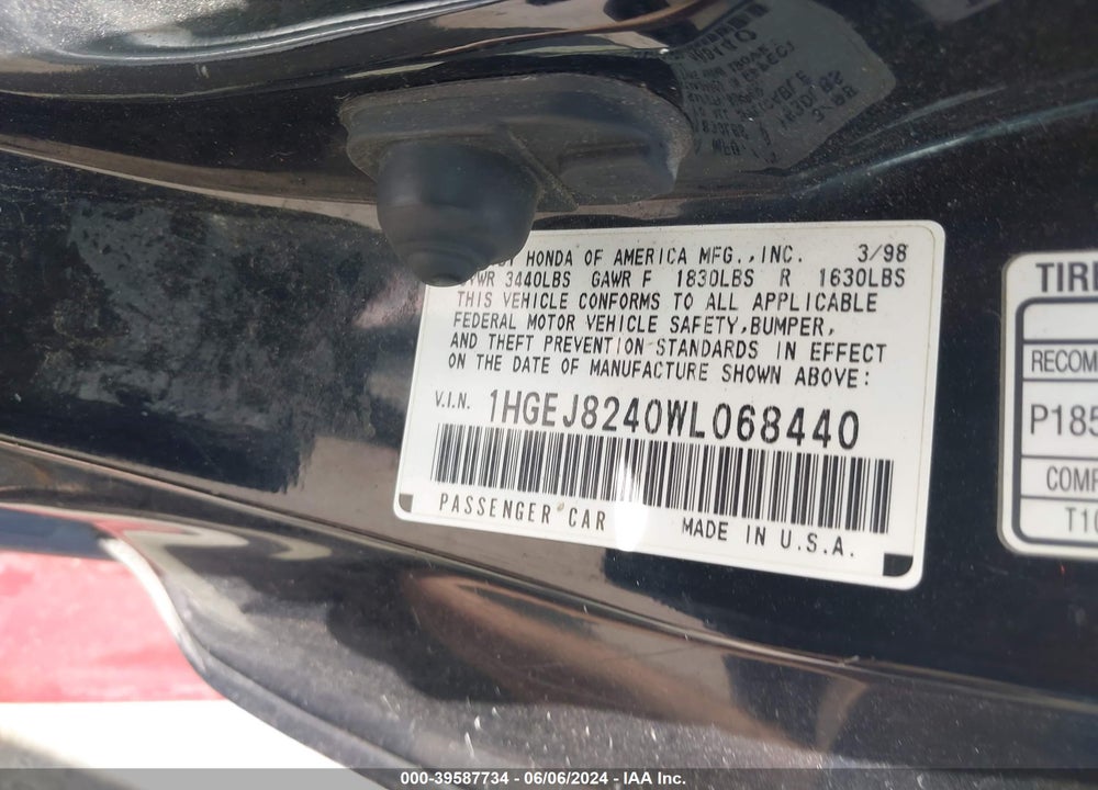 1998 HONDA CIVIC EX VIN: 1HGEJ8240WL068440