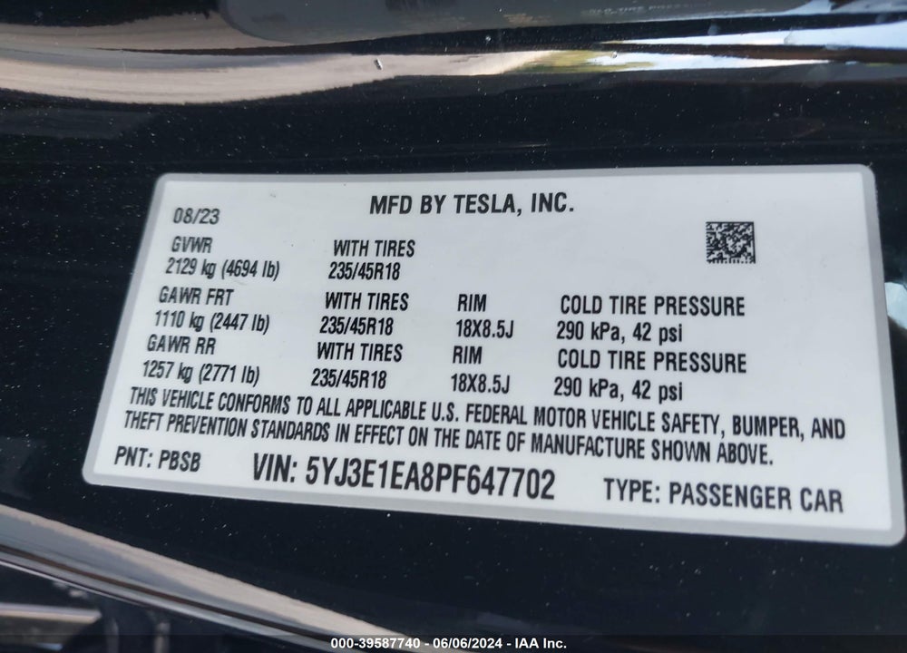2023 TESLA MODEL 3 REAR-WHEEL DRIVE VIN: 5YJ3E1EA8PF647702