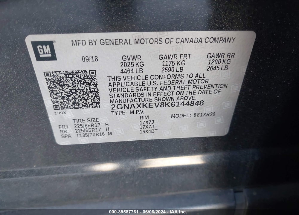2019 CHEVROLET EQUINOX LT VIN: 2GNAXKEV8K6144848