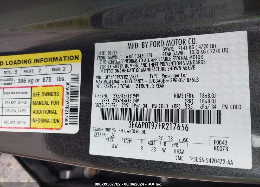 2015 FORD FUSION SE VIN: 3FA6P0T97FR217656