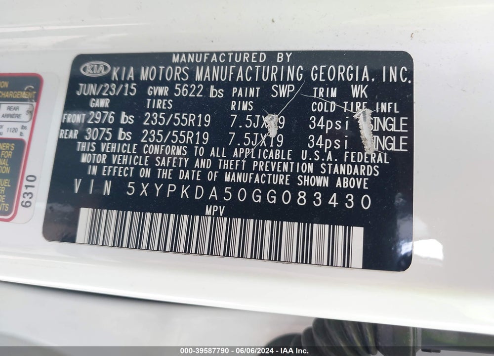 2016 KIA SORENTO 3.3L SX VIN: 5XYPKDA50GG083430