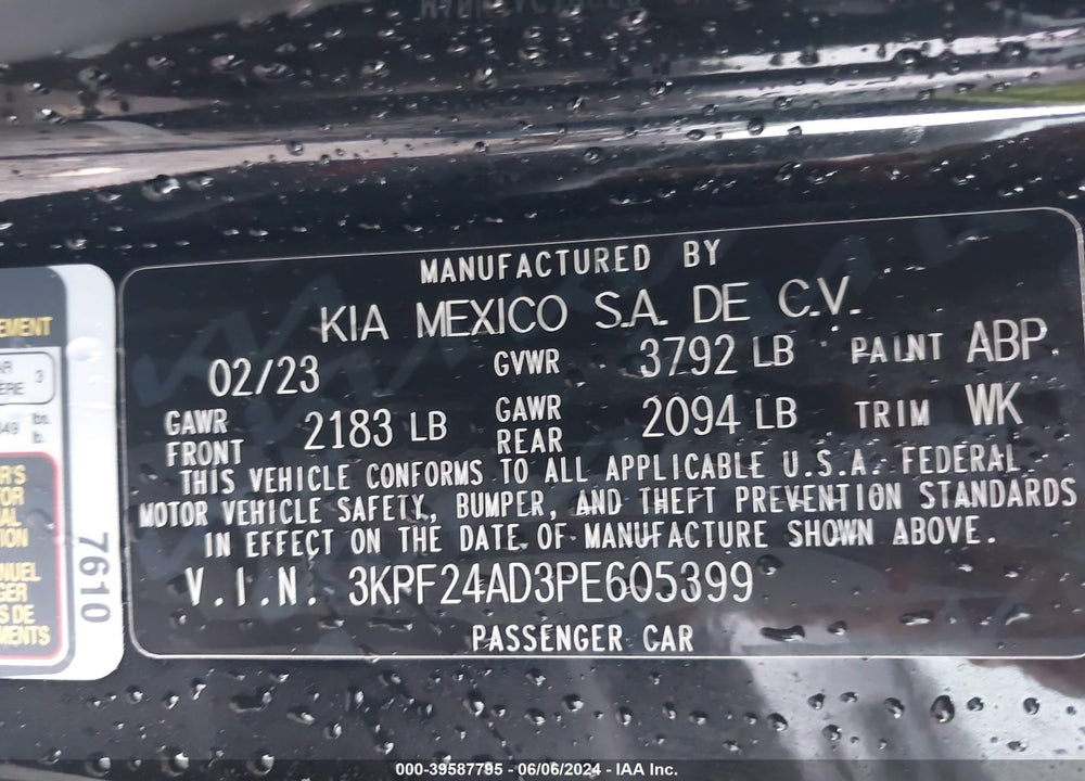 2023 KIA FORTE VIN: 3KPF24AD3PE605399