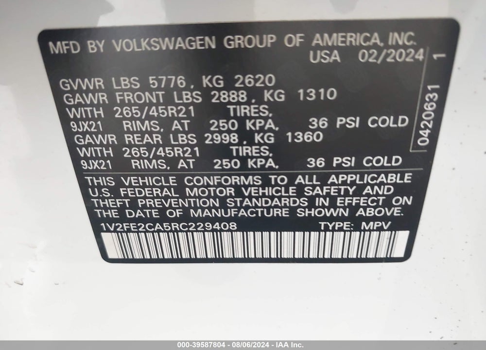 2024 VOLKSWAGEN ATLAS CROSS SPORT 2.0T SEL PREMIUM R-LINE VIN: 1V2FE2CA5RC229408