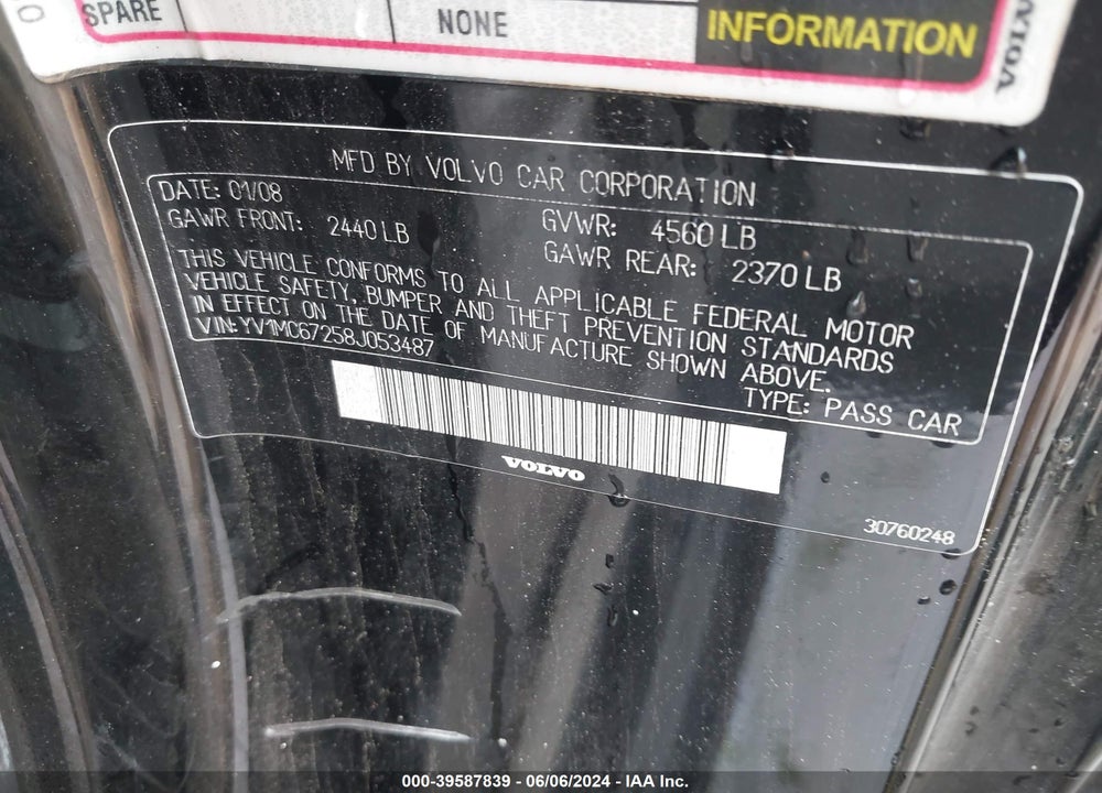2008 VOLVO C70 T5 VIN: YV1MC67258J053487