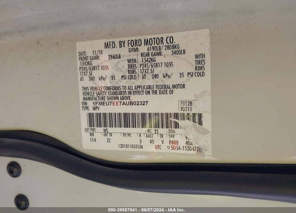 2010 FORD EXPLORER EDDIE BAUER VIN: 1FMEU7EE7AUB02327