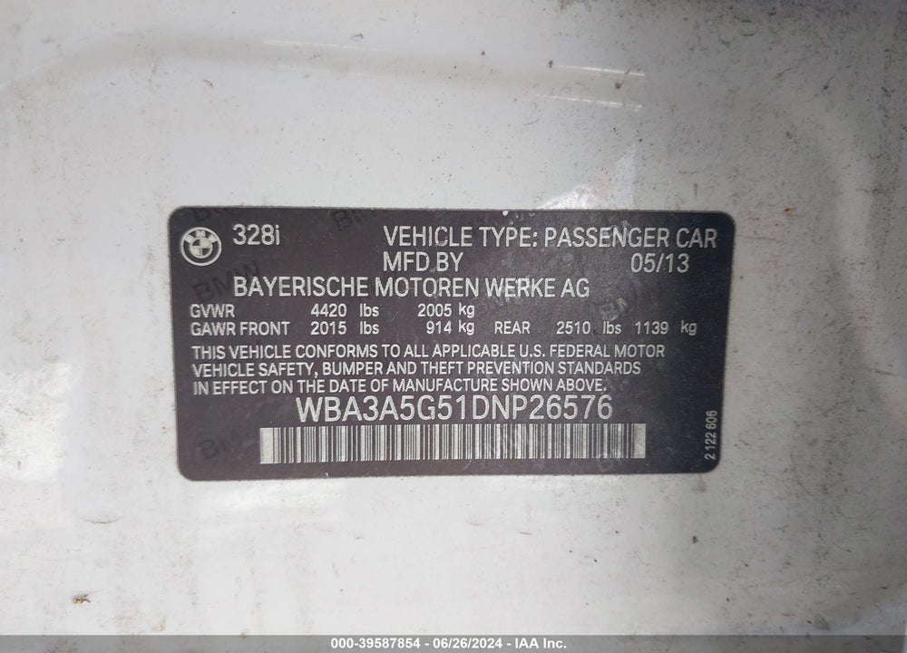 2013 BMW 328I VIN: WBA3A5G51DNP26576