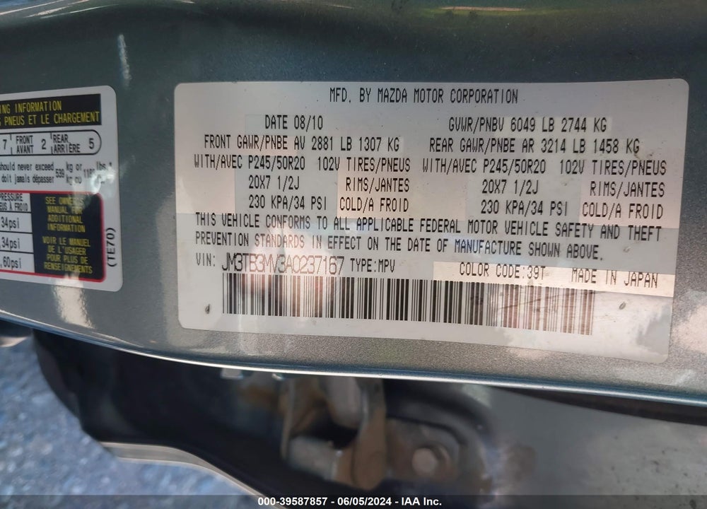 2010 MAZDA CX-9 GRAND TOURING VIN: JM3TB3MV3A0237167
