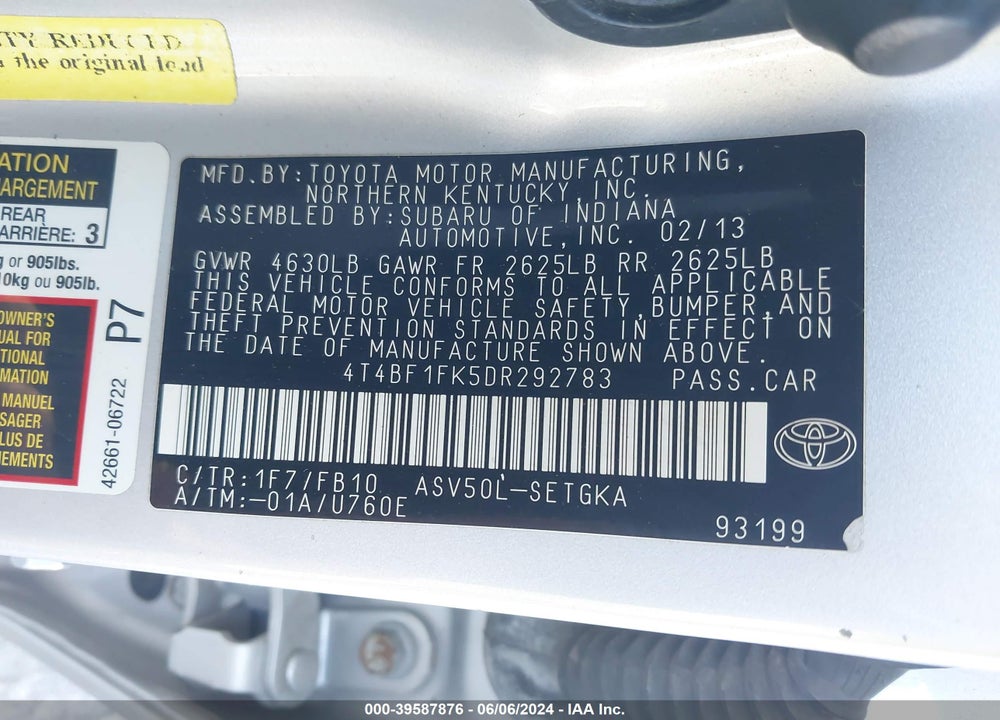 2013 TOYOTA CAMRY XLE VIN: 4T4BF1FK5DR292783