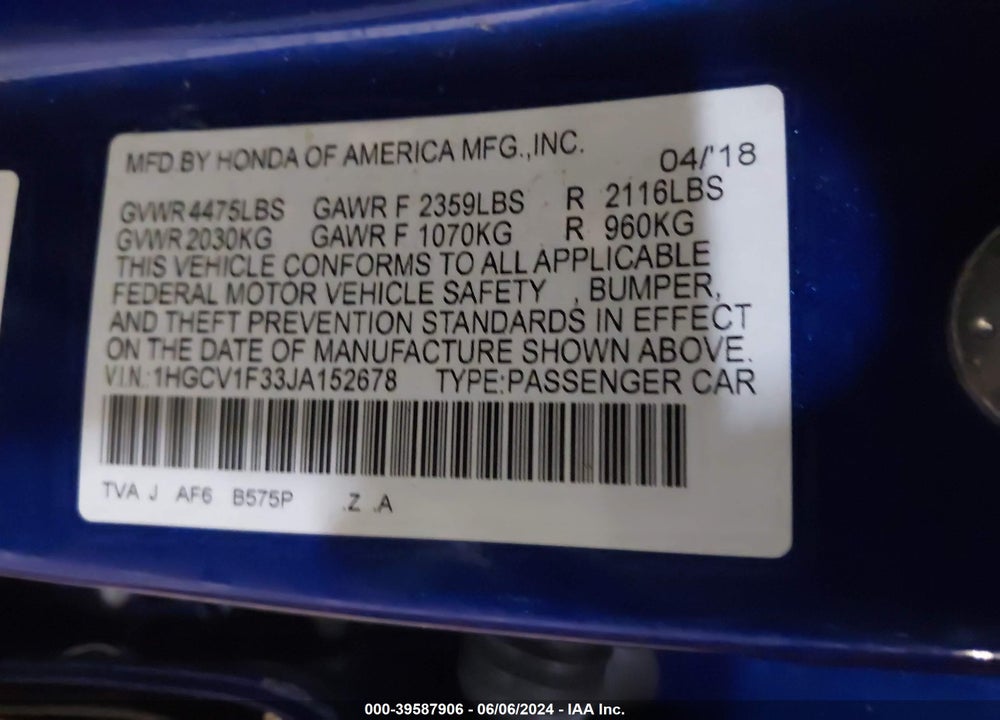 2018 HONDA ACCORD SPORT VIN: 1HGCV1F33JA152678