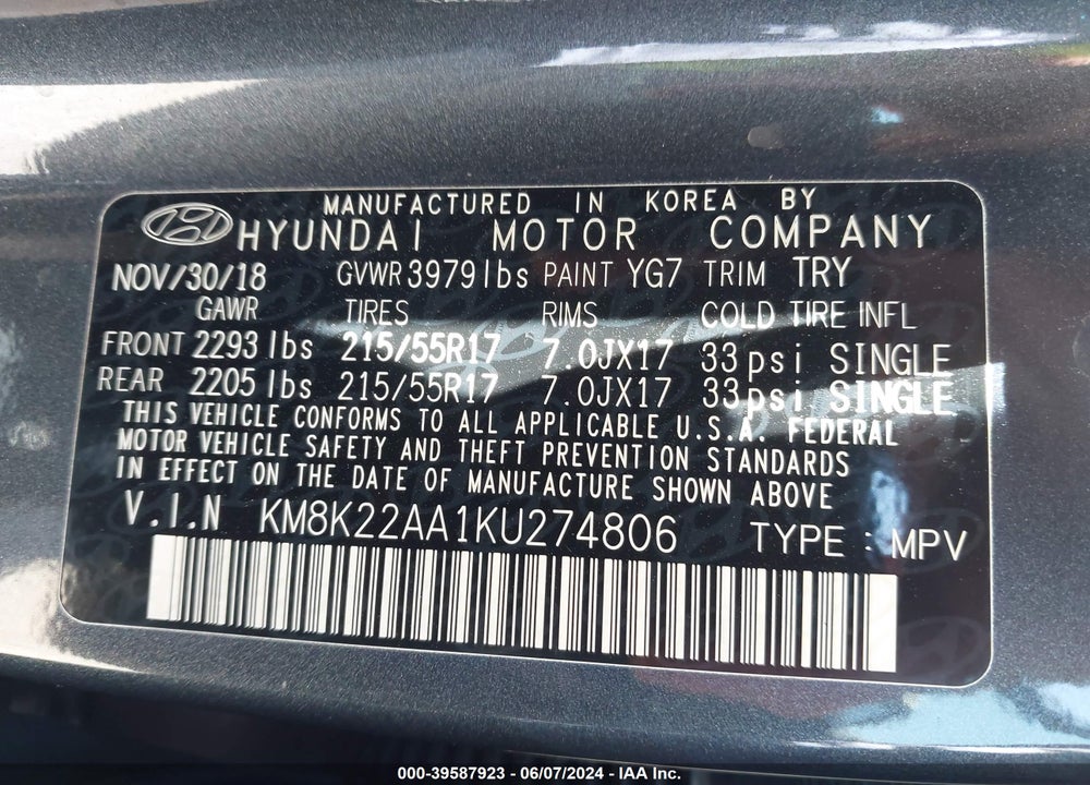 2019 HYUNDAI KONA SEL VIN: KM8K22AA1KU274806