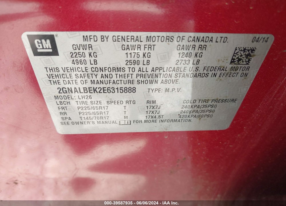 2014 CHEVROLET EQUINOX VIN: 2GNALBEK2E6315888