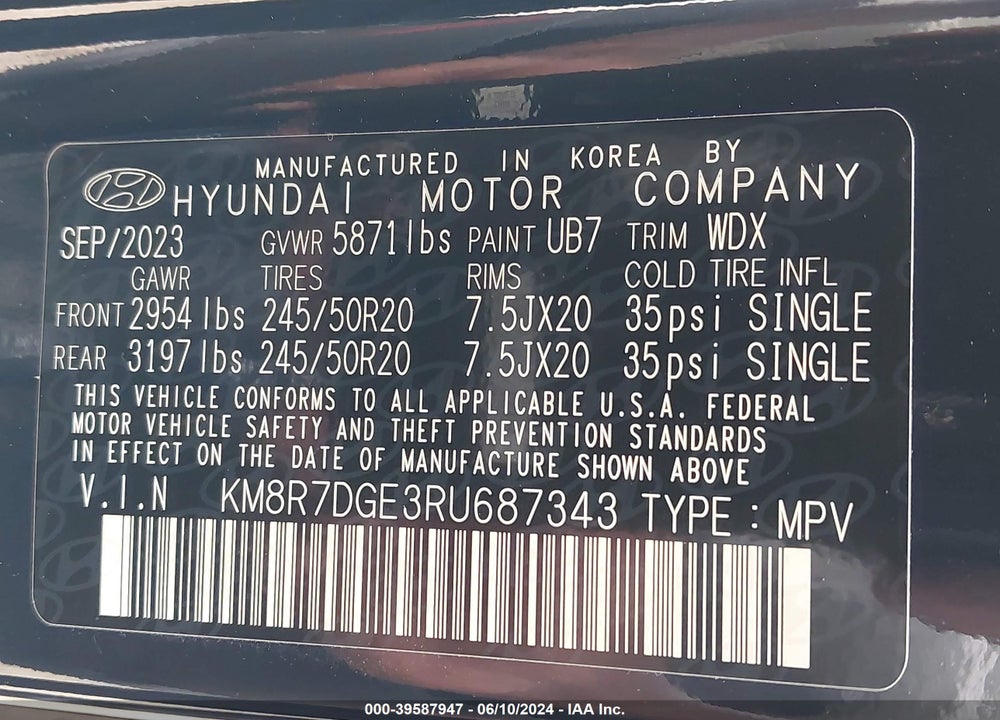 2024 HYUNDAI PALISADE CALLIGRAPHY VIN: KM8R7DGE3RU687343