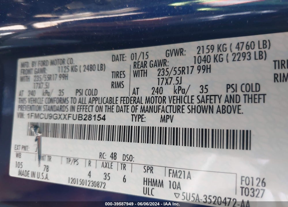 2015 ESCAPE FORD  SE VIN: 1FMCU9GXXFUB28154