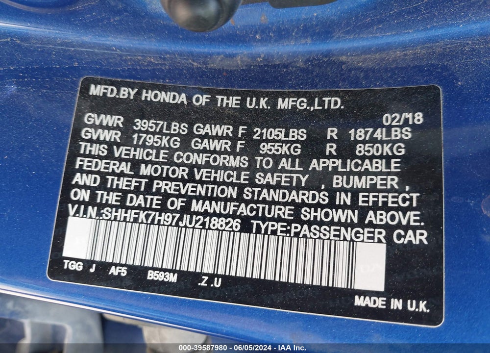 2018 HONDA CIVIC SPORT TOURING VIN: SHHFK7H97JU218826