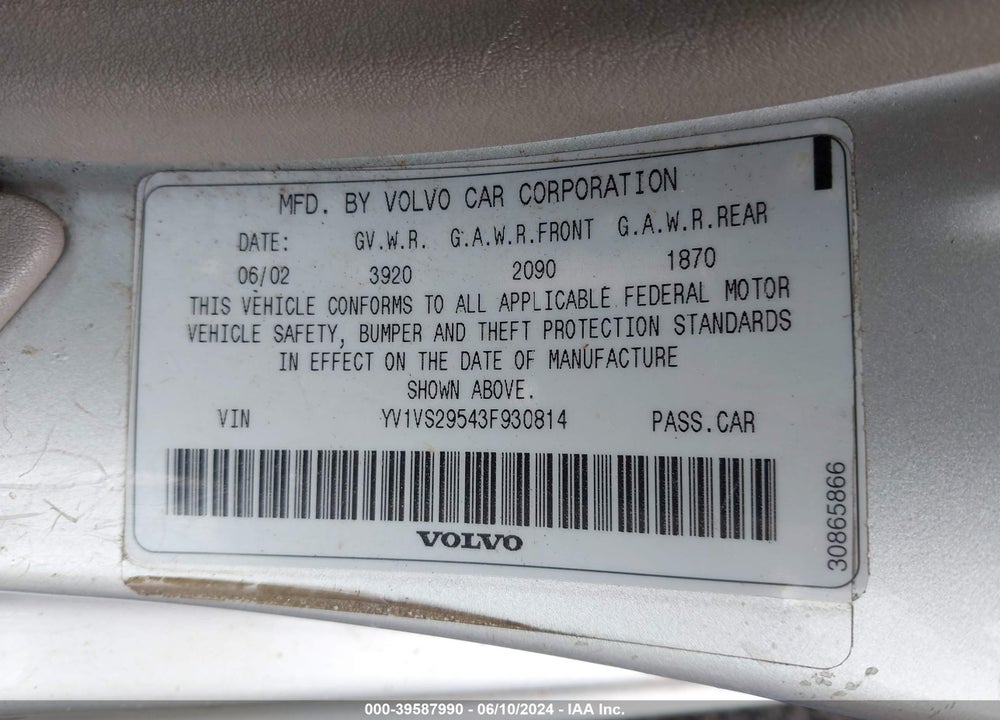 2003 VOLVO S40 A VIN: YV1VS29543F930814