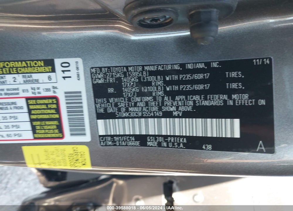 2015 TOYOTA SIENNA LE 8 PASSENGER VIN: 5TDKK3DC9FS554149
