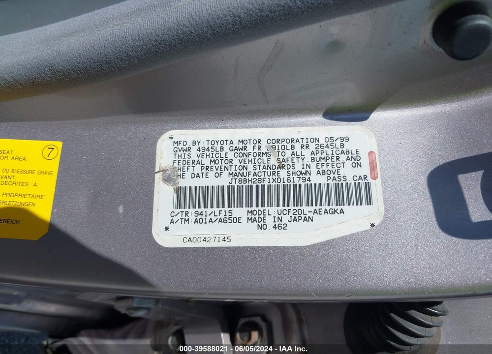 1999 LEXUS LS 400 VIN: JT8BH28F1X0161794