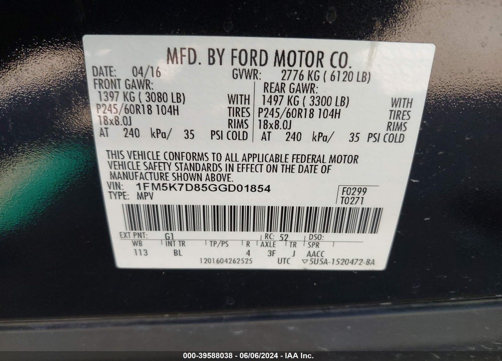 2016 FORD EXPLORER XLT VIN: 1FM5K7D85GGD01854