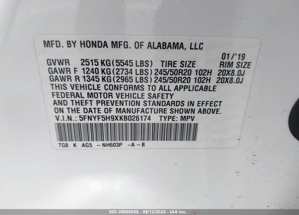 2019 HONDA PILOT TOURING VIN: 5FNYF5H9XKB026174