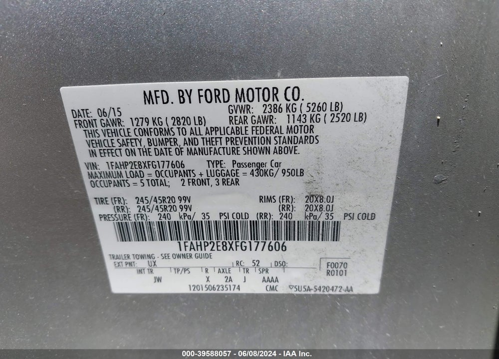 2015 FORD TAURUS SEL VIN: 1FAHP2E8XFG177606