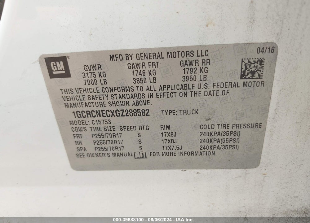2016 CHEVROLET SILVERADO 1500 WT VIN: 1GCRCNECXGZ288582