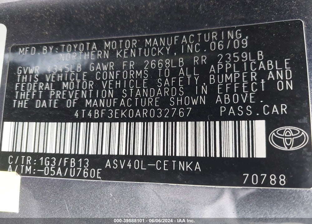 2010 TOYOTA CAMRY LE VIN: 4T4BF3EK0AR032767