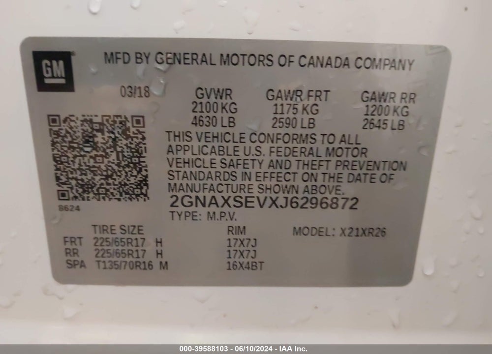 2018 CHEVROLET EQUINOX LT VIN: 2GNAXSEVXJ6296872