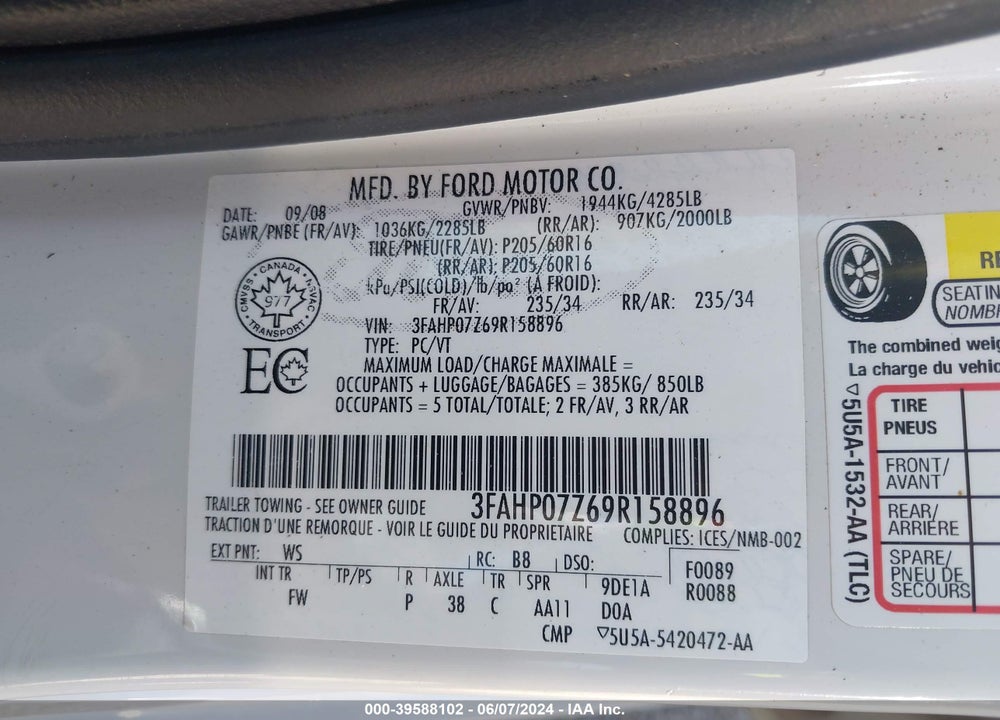 2009 FORD FUSION SE VIN: 3FAHP07Z69R158896