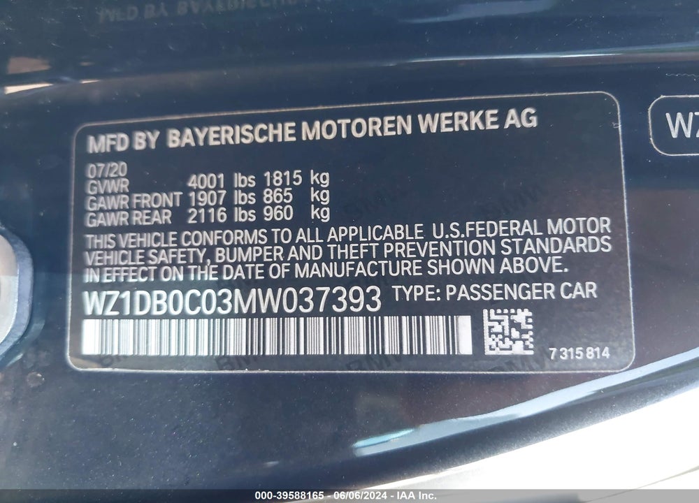 2021 TOYOTA GR SUPRA A91 EDITION VIN: WZ1DB0C03MW037393
