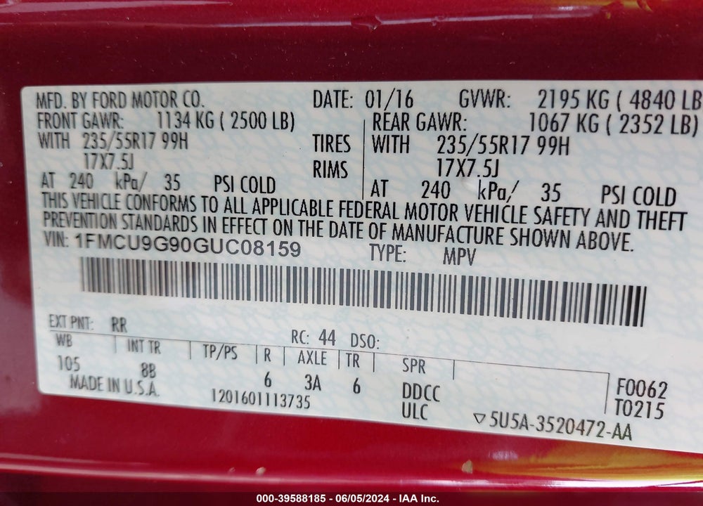 2016 FORD ESCAPE SE VIN: 1FMCU9G90GUC08159