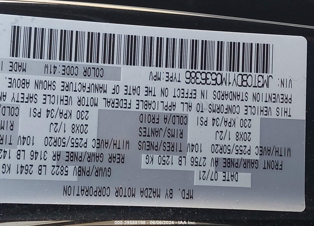 2021 MAZDA CX-9 GRAND TOURING VIN: JM3TCBDY1M0536386