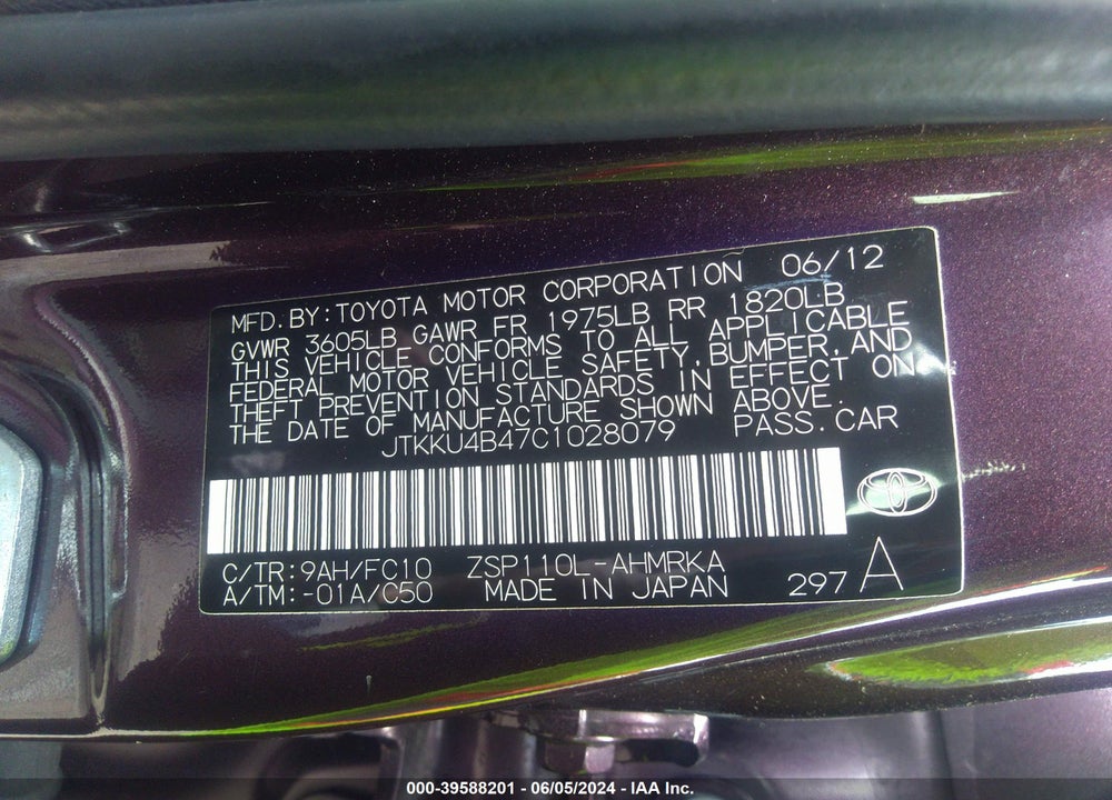 2012 SCION XD VIN: JTKKU4B47C1028079