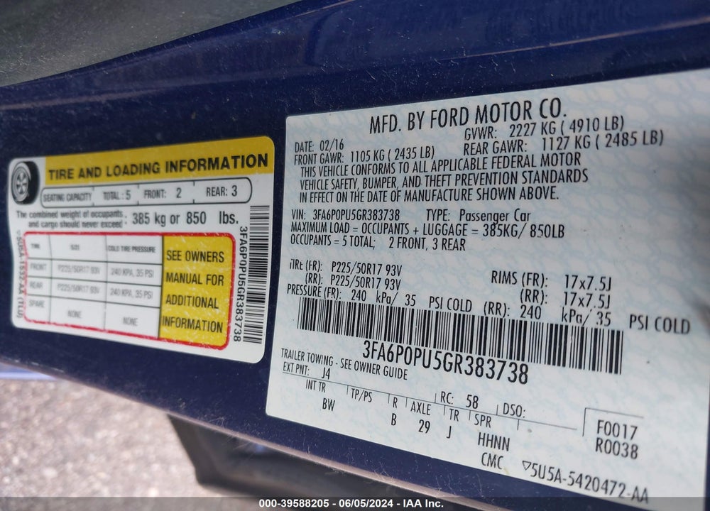 2016 FORD FUSION ENERGI SE LUXURY VIN: 3FA6P0PU5GR383738